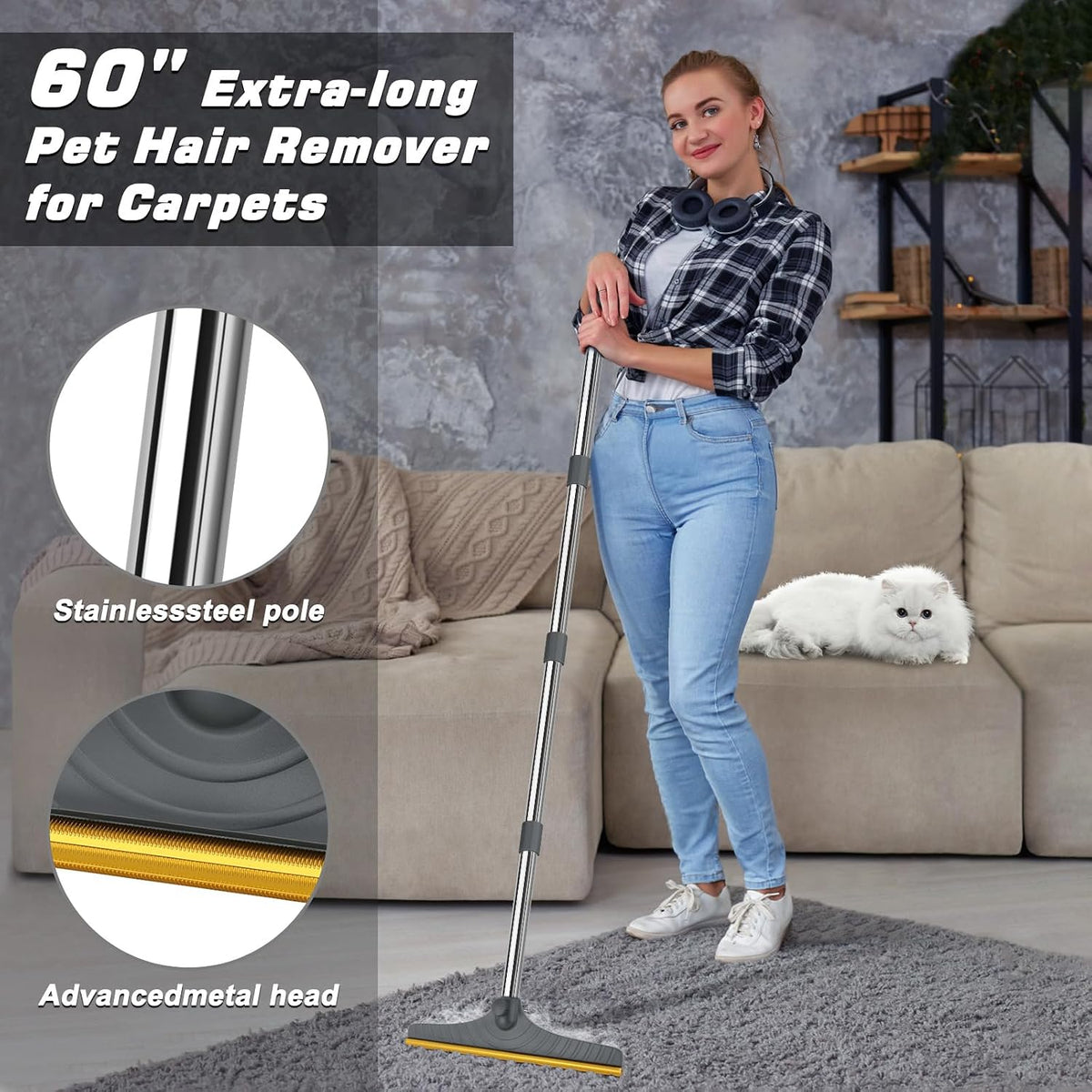 Carpet Rake for Pet Hair Removal, Reusable Carpet Scraper Broom – Essentials for Dogs - Gray - image 3