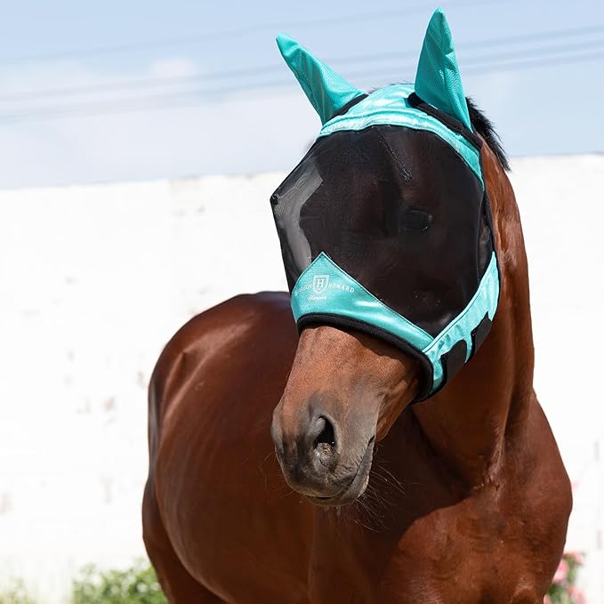 Harrison Howard Pro Luminous Horse Half Face Fly Mask Large Eye Space with Ears UV Protection for Horse Teal S