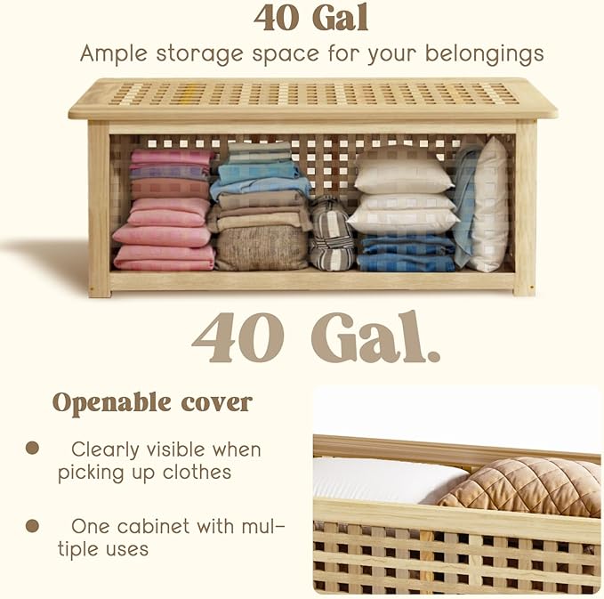 Bench with Storage, Acacia Laundry Hamper with Seat, Storage Benches with Seating for Entryway, Living Room, Bedroom, Bathroom (15.7x38.6x17.7in)