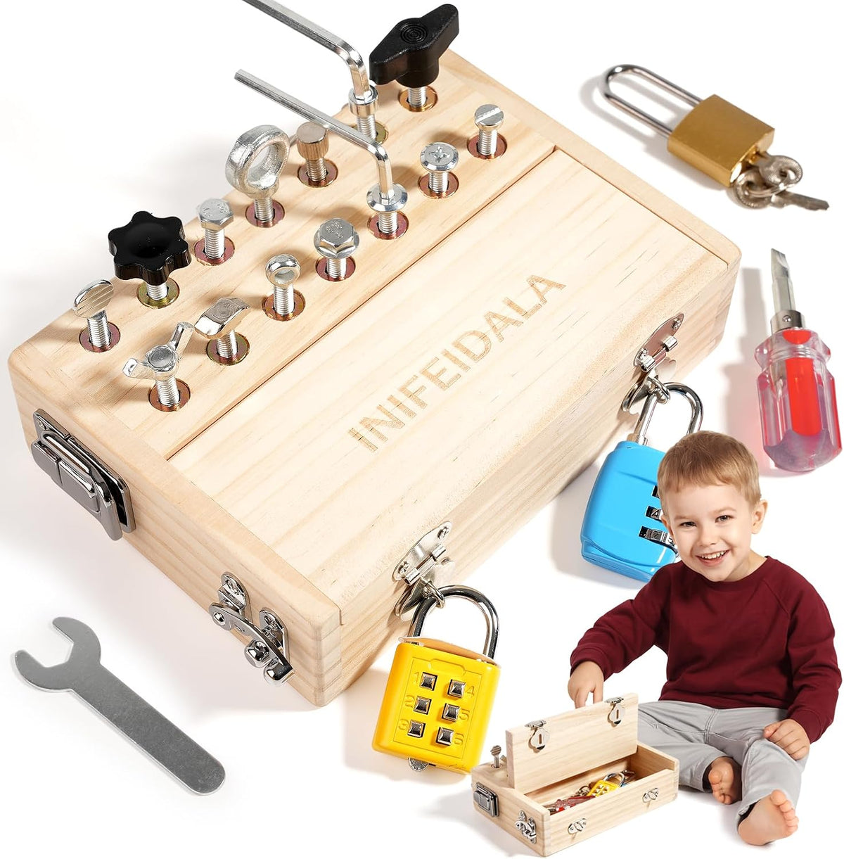INIFEIDALA Montessori wooden screwdriver board with locks, latches and tools