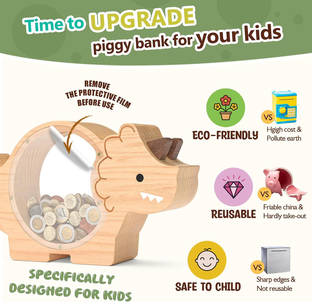 Summidate Wooden Dinosaur Piggy Bank - Triceratops / Standard - image 4
