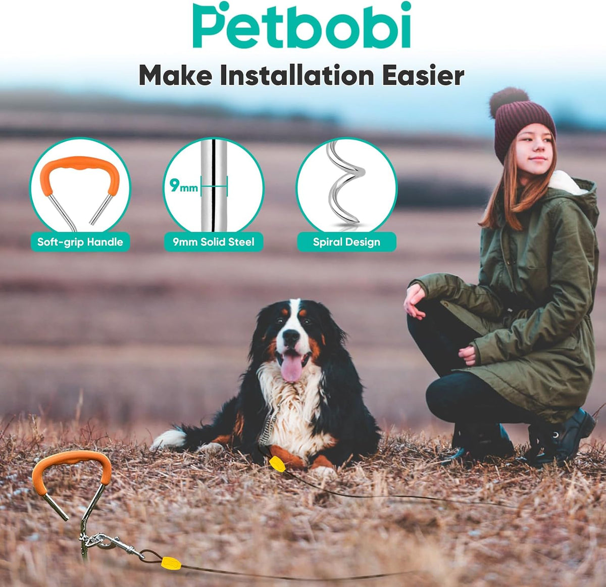 Petbobi Dog Tie Out Cable and Stake - 40 ft (120 lbs) / Black - image 3