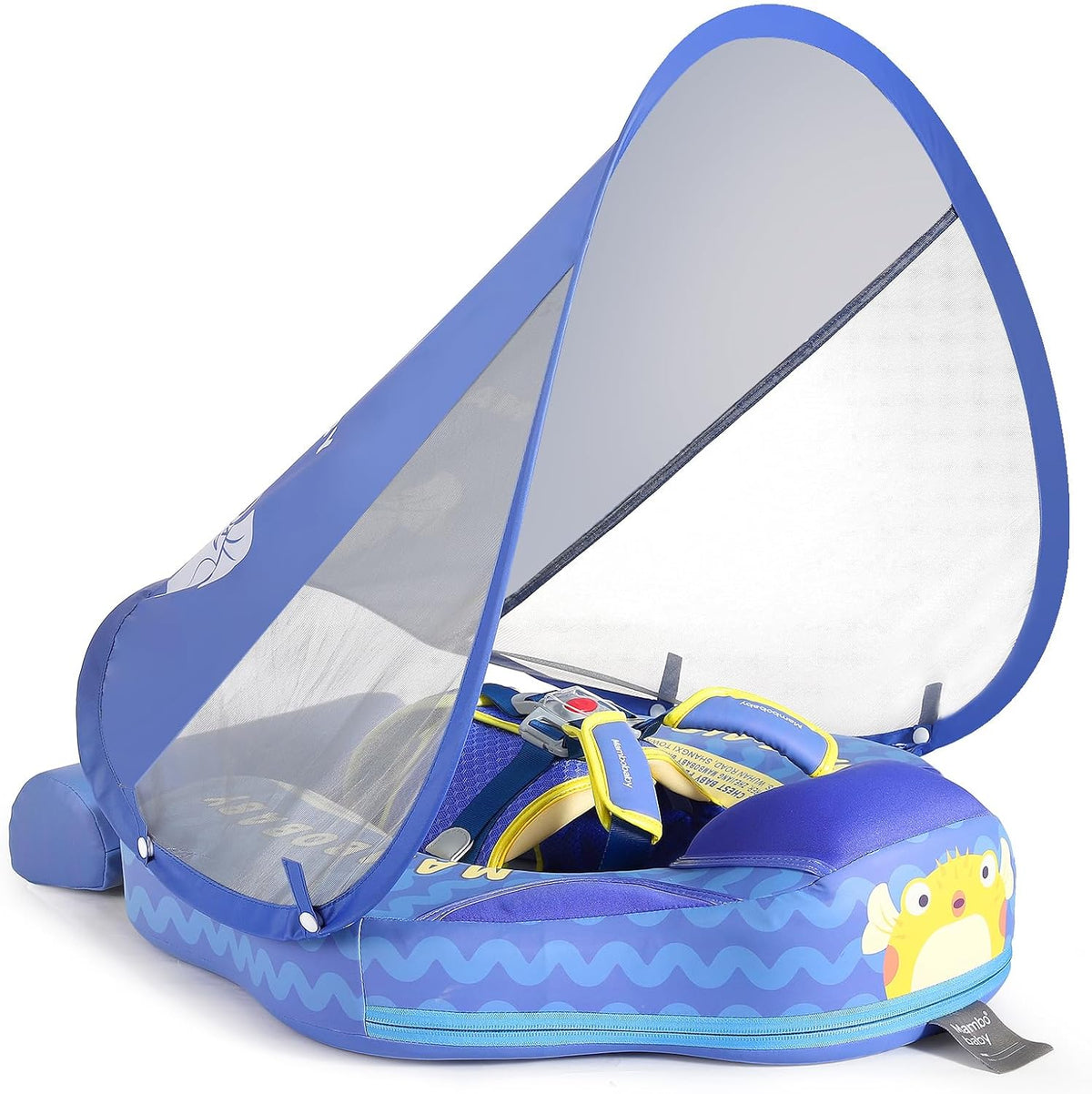 Mambobaby Float with Canopy UPF 50+ and Tail Non-Inflatable Baby Pool - Deluxe Globefish Blue