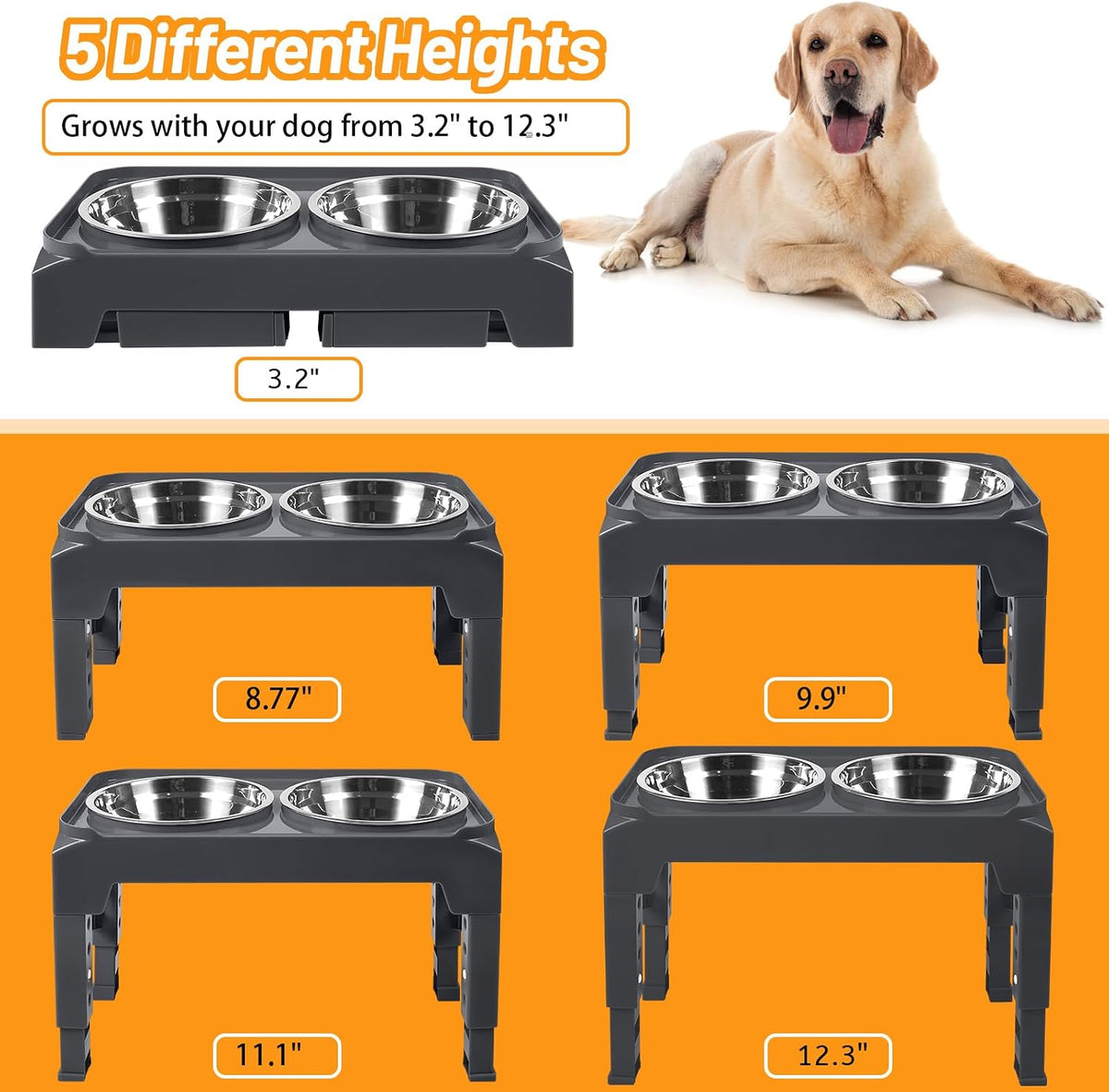 Hubulk Elevated Dog Bowls with 2 Stainless Steel Dog Food & Water - M (8" for M/L Dogs) / Grey - image 2