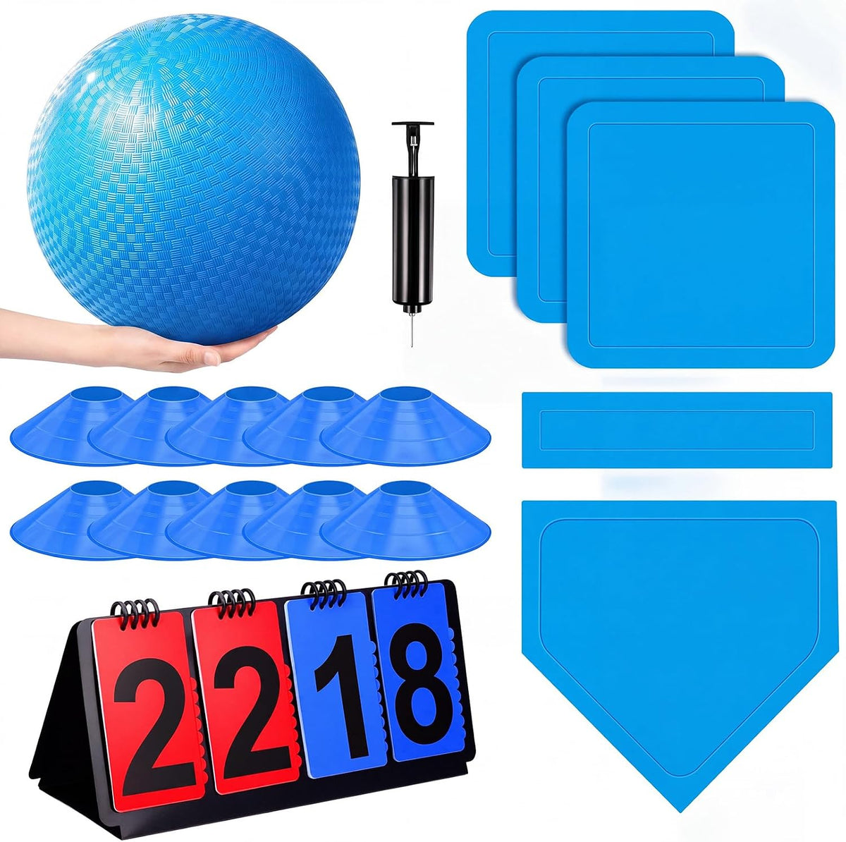 Jenaai blue kickball set with 10 inch ball, rubber bases, cones, scoreboard and pump - view 5