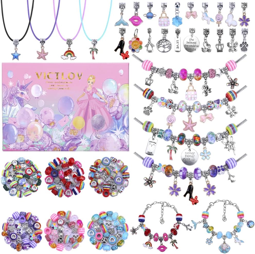 VICTLOV Charm Bracelet Making Kit, DIY Craft for Girls - Pink 126 Pieces