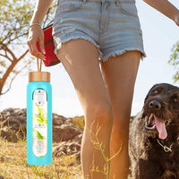 Aqulea Glass Water Bottles 32 Oz with Silicone Sleeve - BPA Free Reusable Wide Mouth Glass Motivational Water Bottles with Fruit Infuser – Leak Proof Borosilicate Water Bottle with Time Marker (Teal)