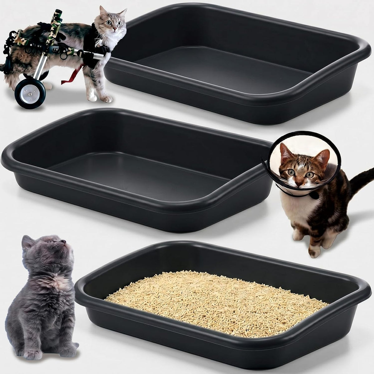 Uiifan 3Pcs Low Entry Cat Litter Box - Dark Gray / 17 x 12 x 3.1