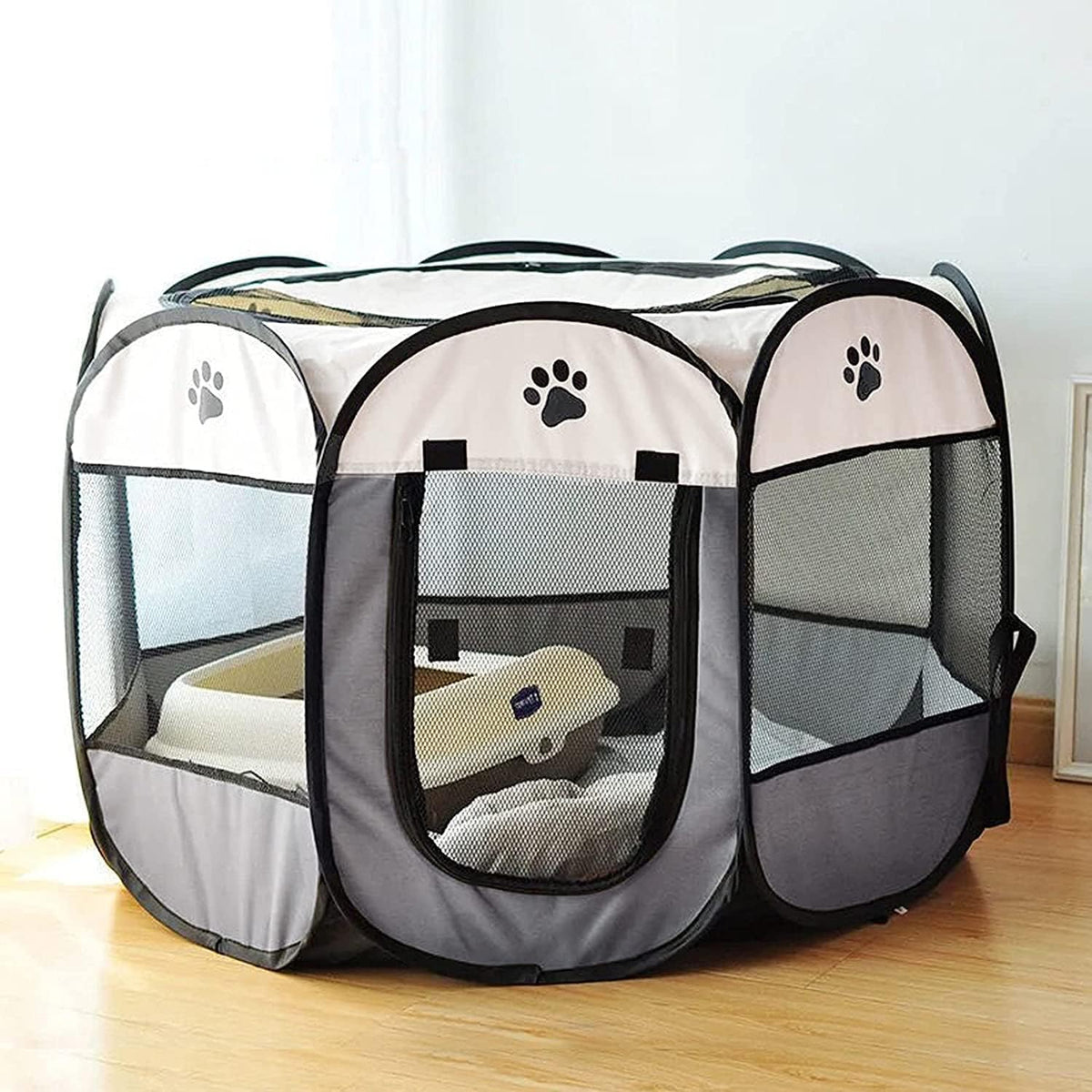 SENCONE Portable Pet Playpen for Cats, Kittens, Puppies - Gray / Small (25.5"*25.5"*16.5")