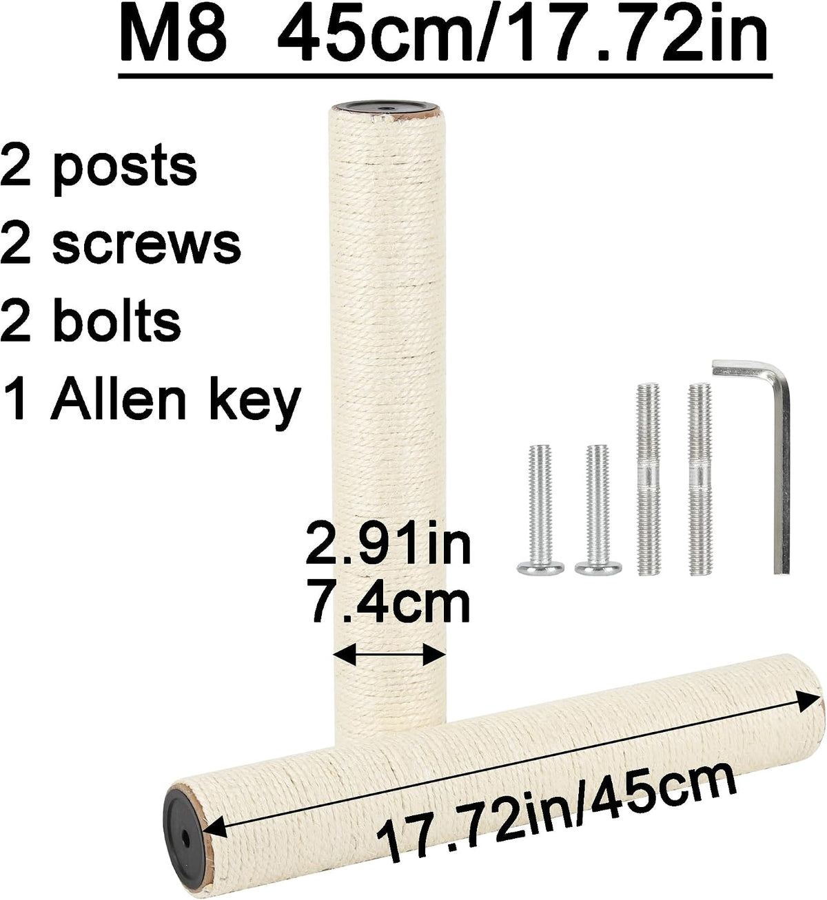 7.4cm 2.91in Diameter Cat Tree Scratching Post Replacement Sisal Pole - 17.72in/45cm / M8*2posts - image 2