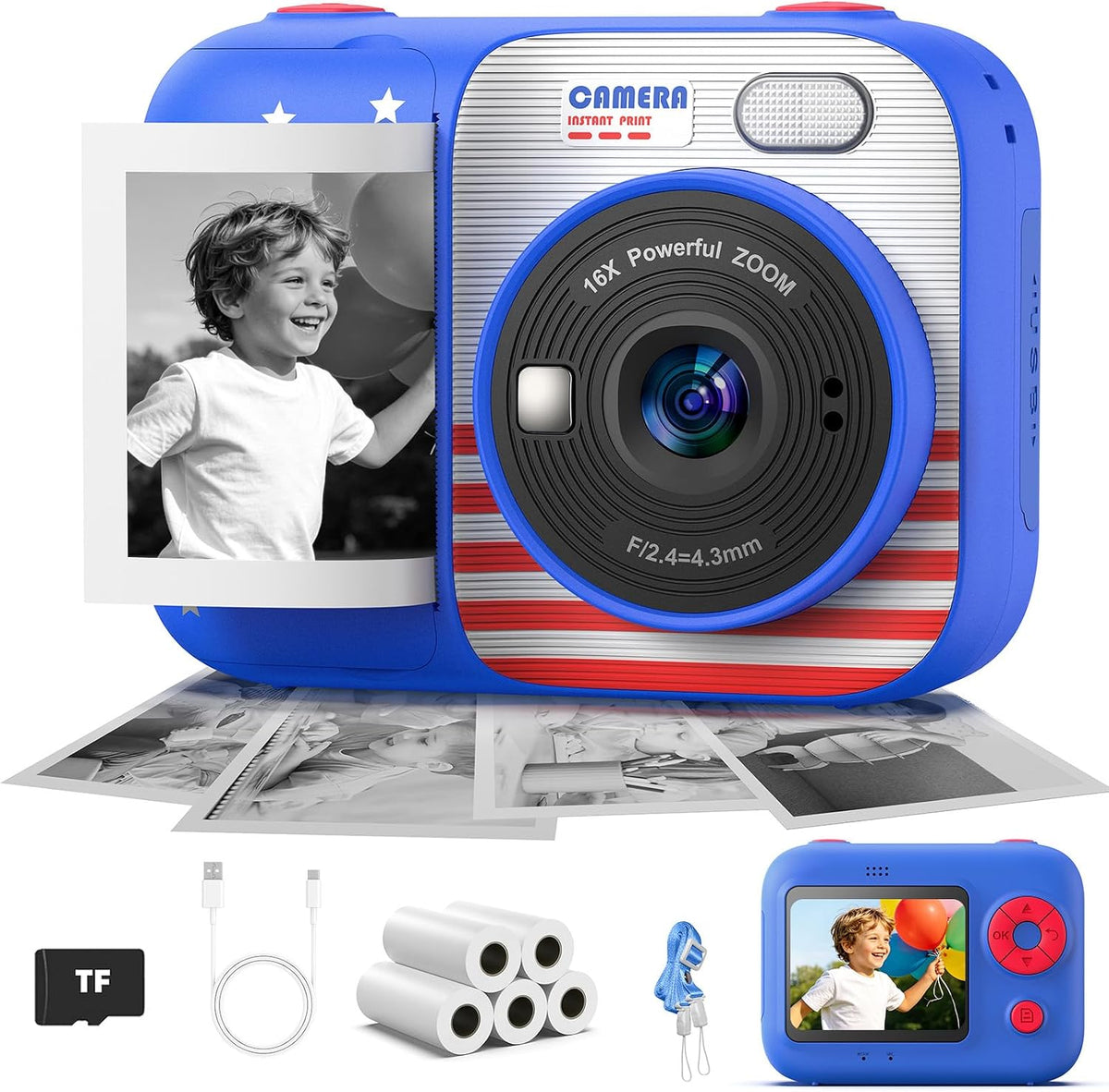 Kids Instant Print Camera with 5 Rolls Print Paper - Red & Blue