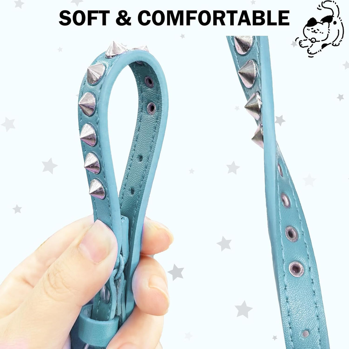 Leather Cat Collar, Breakaway Kitten Collars with Bell, Black – Essentials for Small Pets - Light Blue_Studded / 8"-12" Cats / Mini Dogs(Pack of 1) - image 2