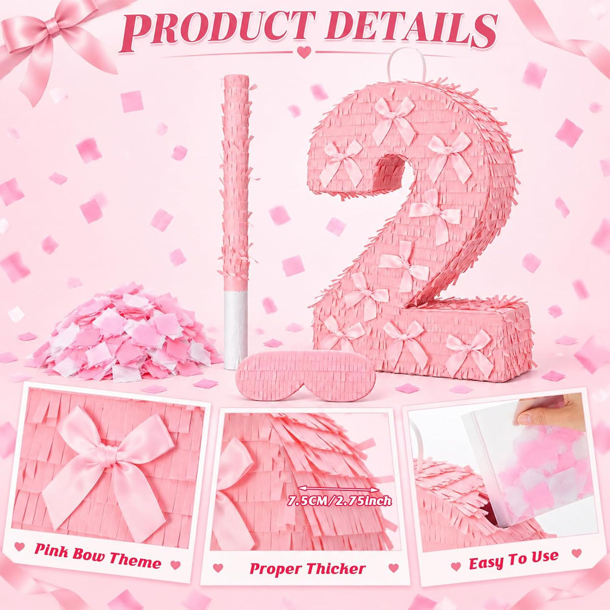 Feifeiya pink bow piñata with pink and white bat, eye masks and confetti - view 24