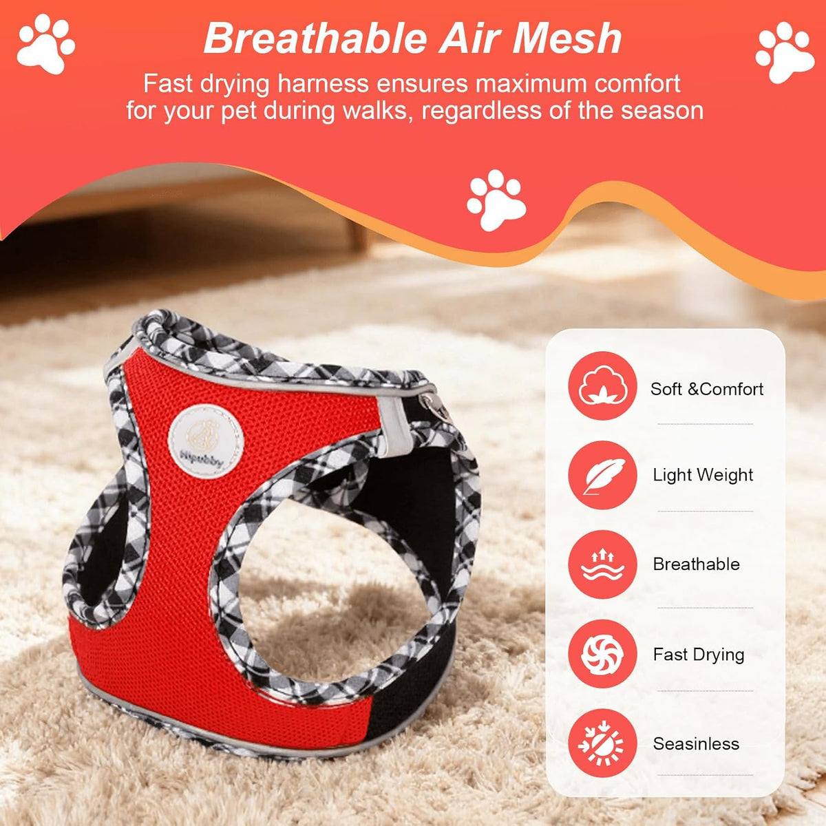 Hipubby Dog Harness Small Sized and Leash Set - Black Red / M (Chest: 16.8"-18.5") - image 2
