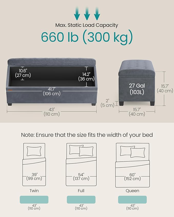 SONGMICS Velvet Storage Ottoman Bench, Foot Rest with Legs, 15.7 x 43 x 15.7 Inches, End of Bed Bench, Storage Chest, Load up to 660 lb, for Living Room, Bedroom, Entryway, Slate Gray ULSF089G01