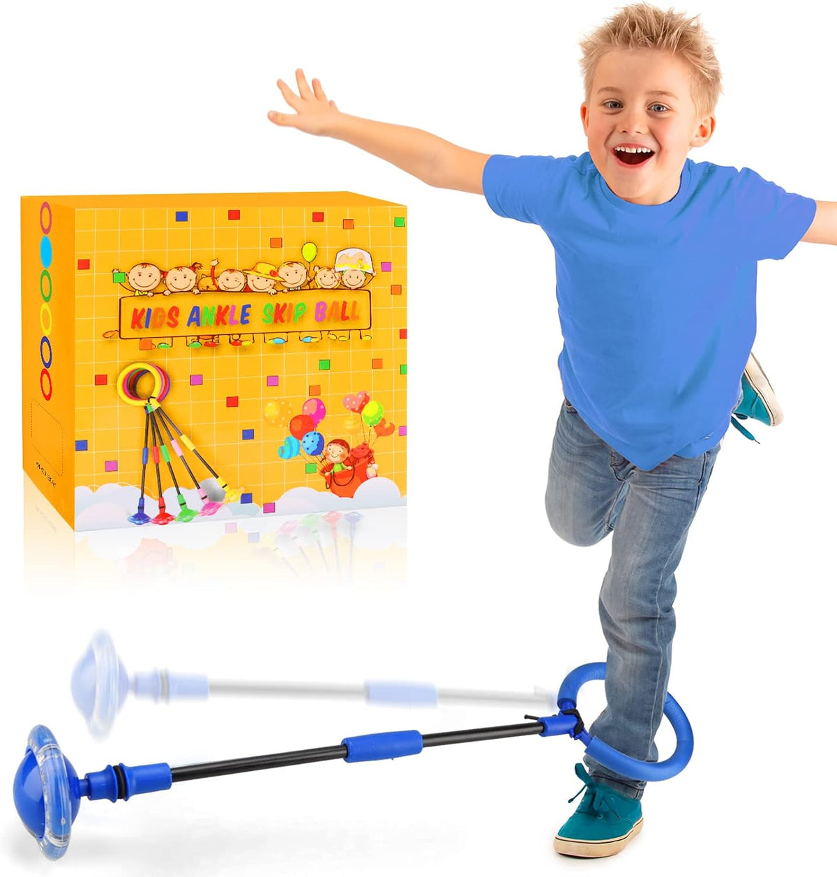 Ankle Skip Ball for Kids, Portable Foldable Flash Wheel Skip Ball Toy – Fun for Kids & Family - Blue