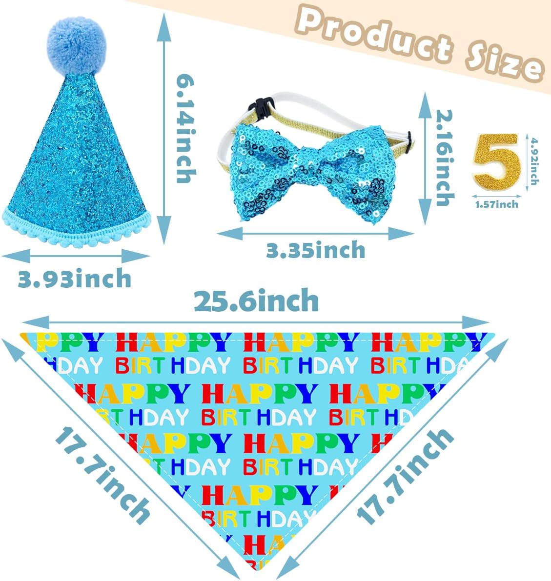 PET SHOW Pink Crown Dog Birthday Party Hat for Girls Reusable - Blue Cone Hat+Bandana+Bowtie - image 2