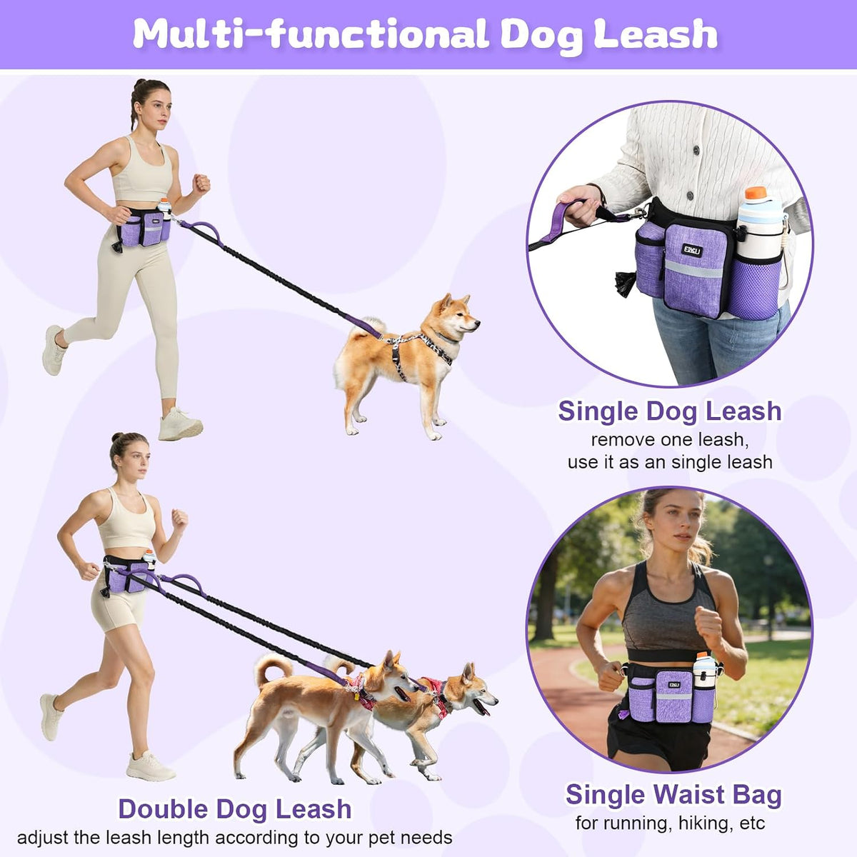 ETACCU Hands Free Dog Leash with Phone Pouch - 1 Dog Purple - image 4