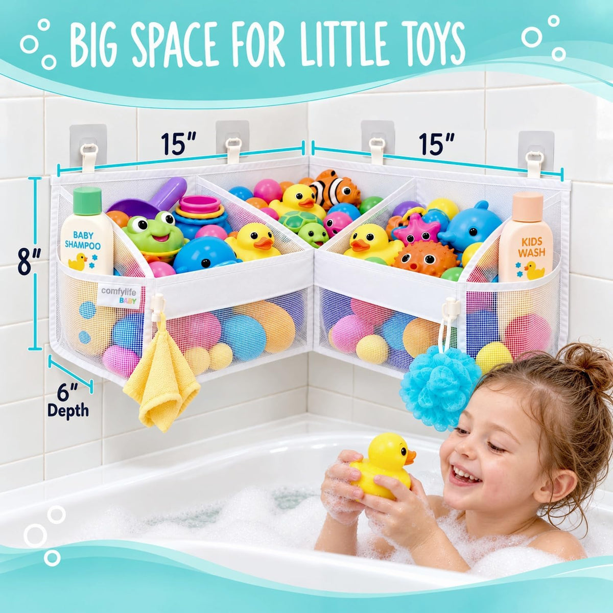 2 x Mesh Bath Toy Organizer + 8 Ultra Strong Hooks - White Corner XL - image 4
