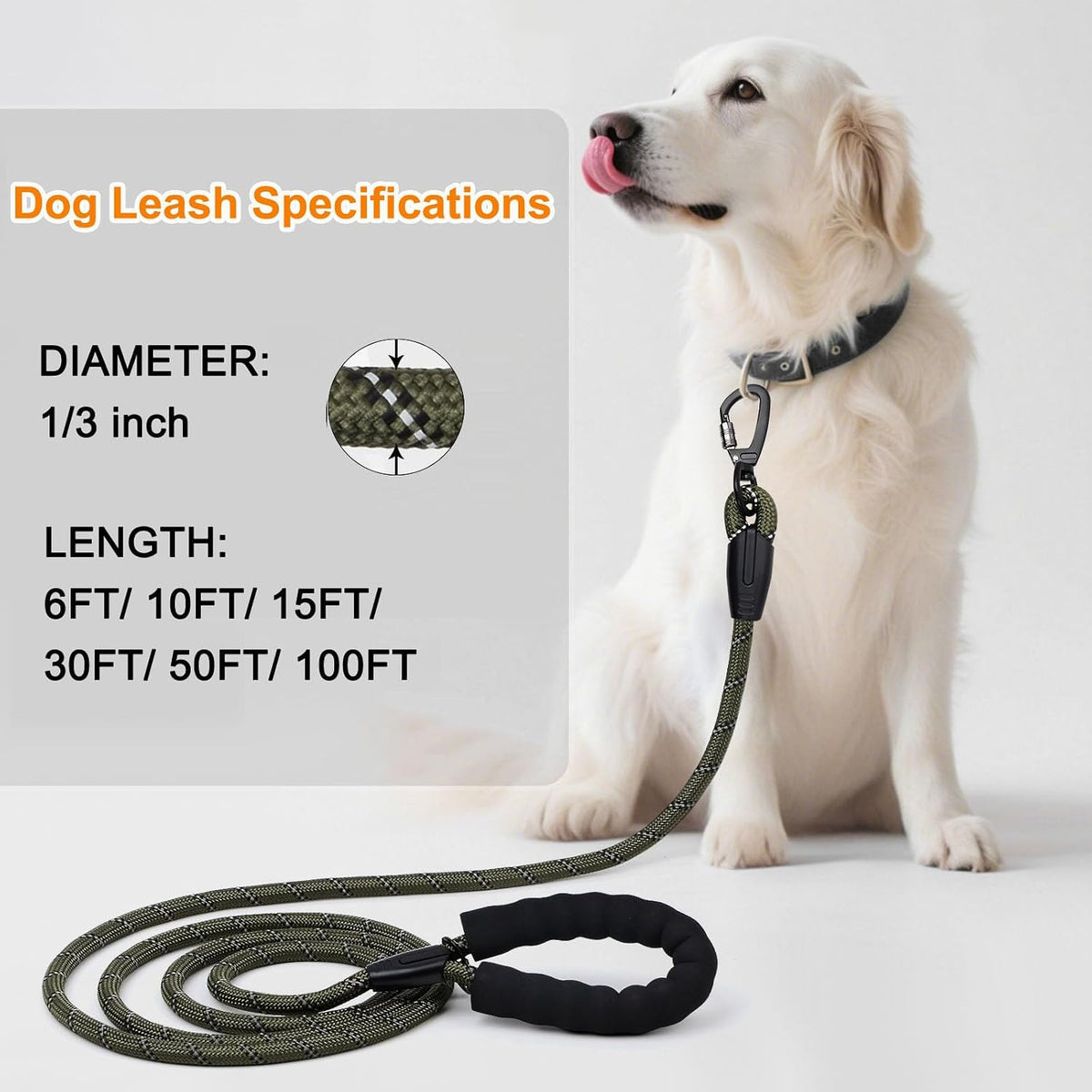Long Leash for Dog Training 6FT/ 10FT/ 15FT/ 30FT/ 50FT/ 100FT - Olive / 10FT* 1/3" - image 4