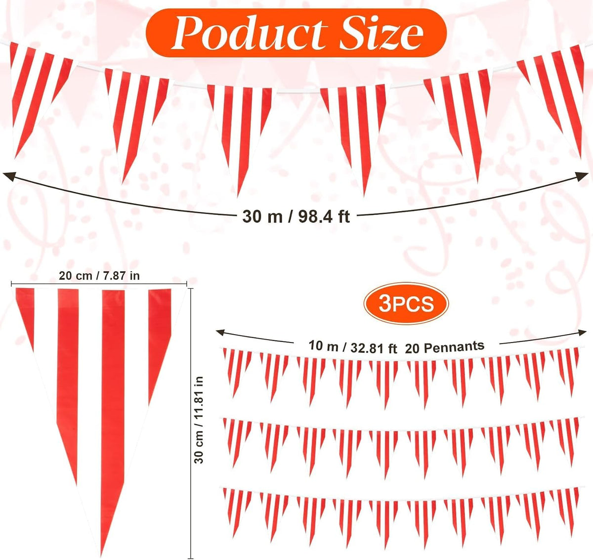 MAQIHAN 52.5 Ft Colorful Pennant Banner Flags - Red and White - 3PCS - image 2