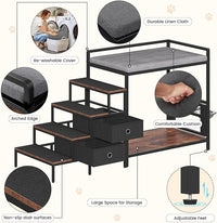 Dog Window Perch with 360° & Adjustable Raised Feeder, Pet Bunk Bed with Removable Stair and 2 Drawers, Elevated Platform Bed, Pet Elevated Seat with Cushion, Paw-Friendly Ladder