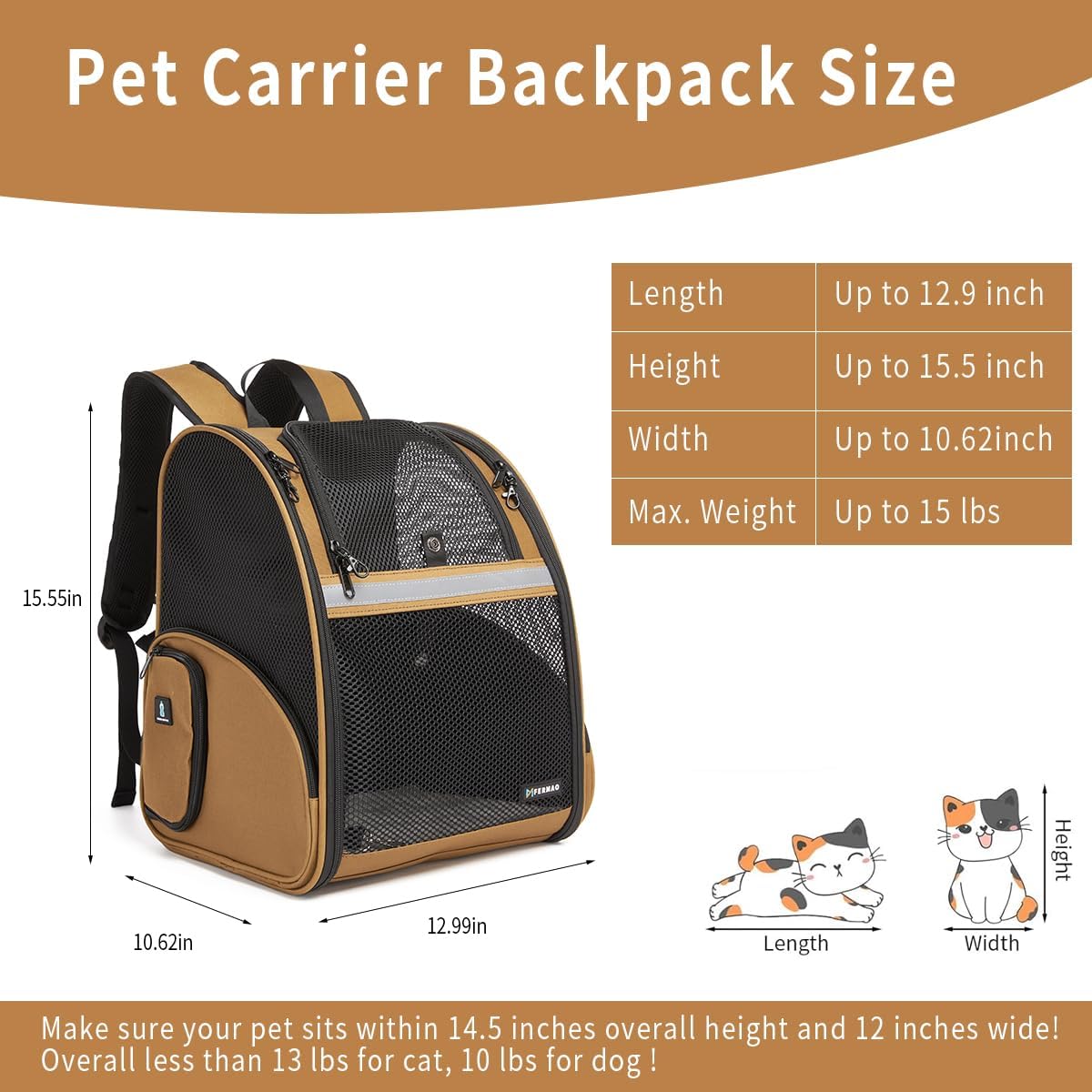 Cat Backpack Carrier for Small Dogs and Medium cat Puppy Kitten Bunny - Brown / 12.9"L x 10.6"W x 15.5"H - image 2