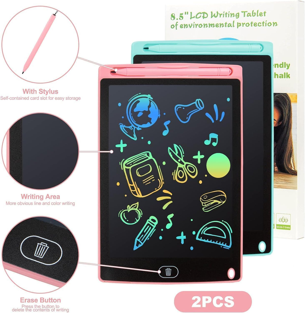 LCD Writing Tablet, Pink+Blue - 8.5 Inch - image 3