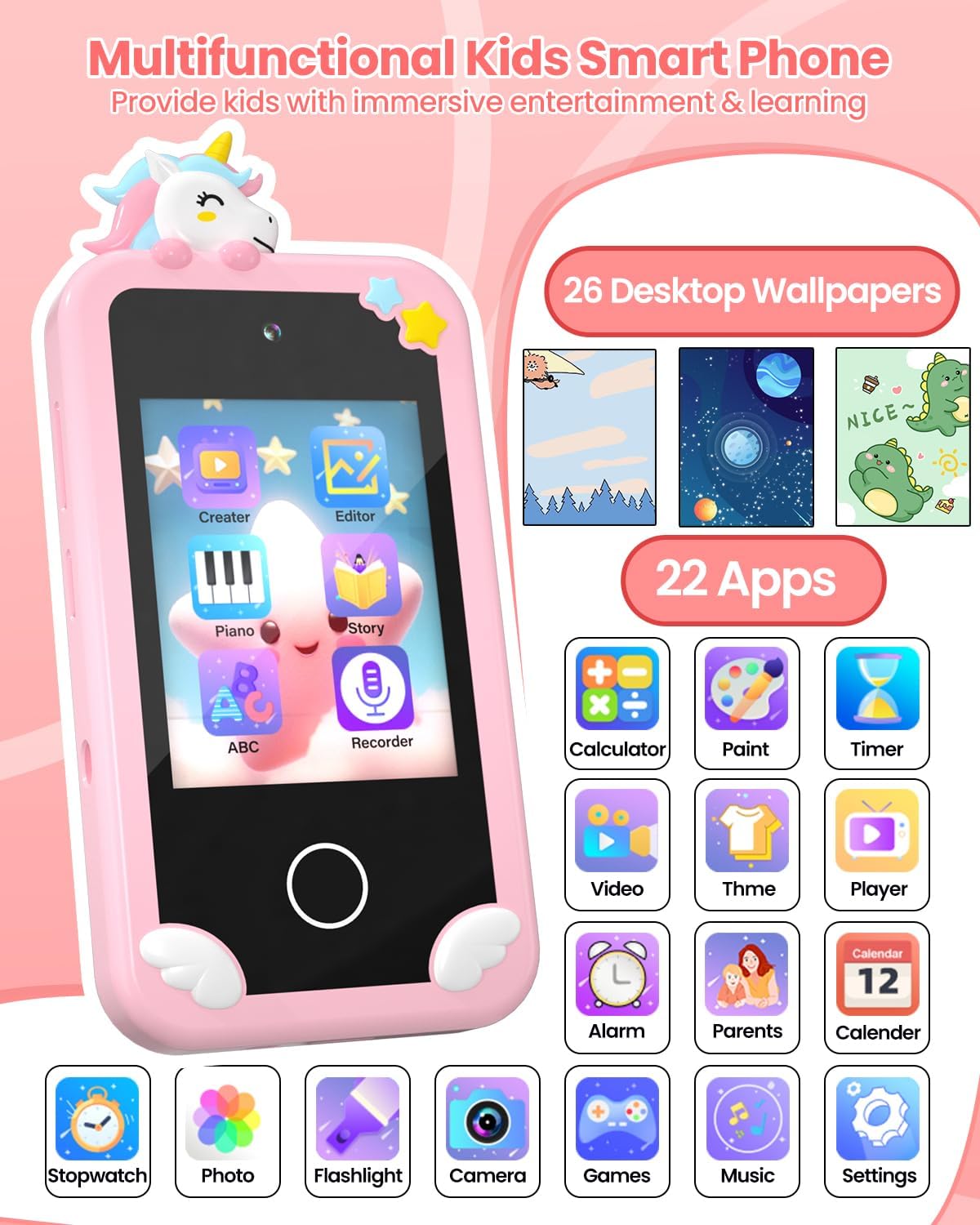 MOREXIMI pink kids smart phone with 2.8 inch touchscreen and holographic pyramid - view 5