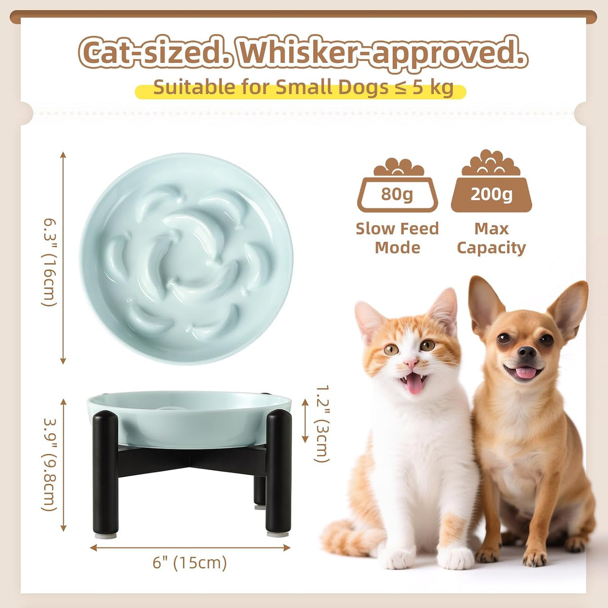 Melamine Slow Feeder Cat Bowls, Dishwasher Safe - Blue + Metal Stand / 9"H - image 2