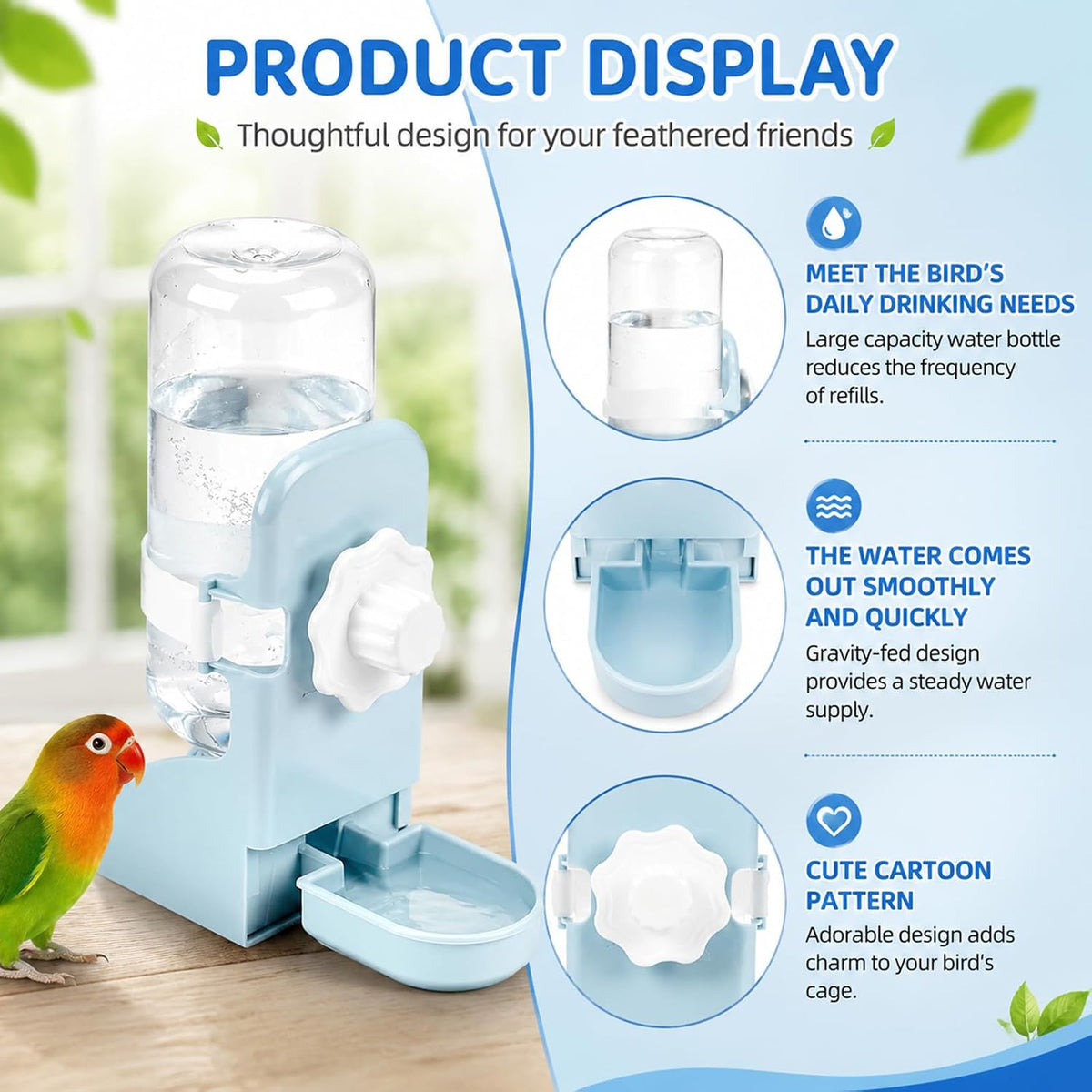 No-Mess Automatic Bird Feeder, Parakeet Cage Accessories – Essentials for Birds - White Feeder + Blue Drinking Bottle - image 3