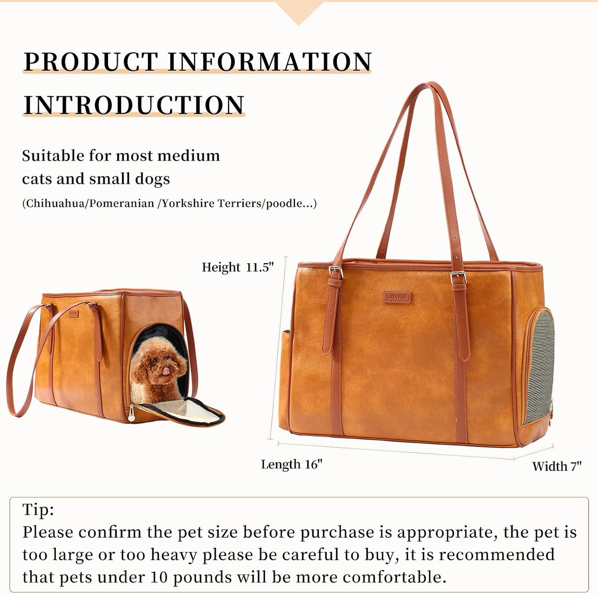 Fashion Dog Purse Pet Carrier Leather Bag for Small Dogs Cats Puppy - Brown - image 2