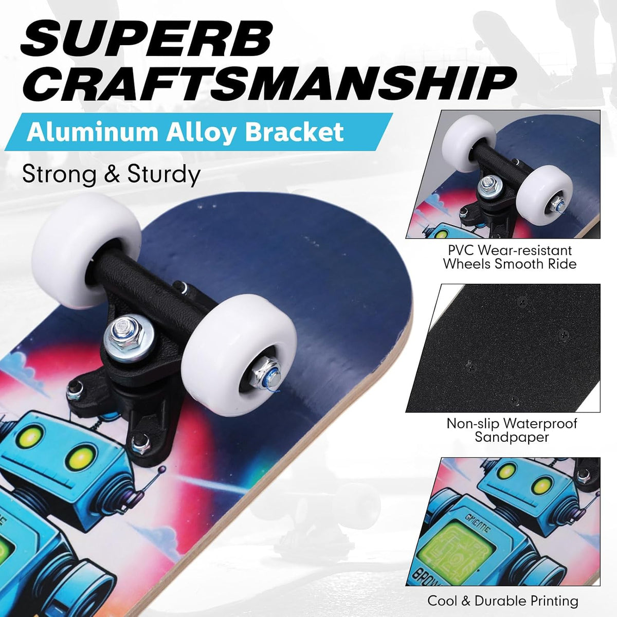Honoson kids skateboard set with dinosaur print maple deck and black knee pads, elbow pads and wrist - view 24