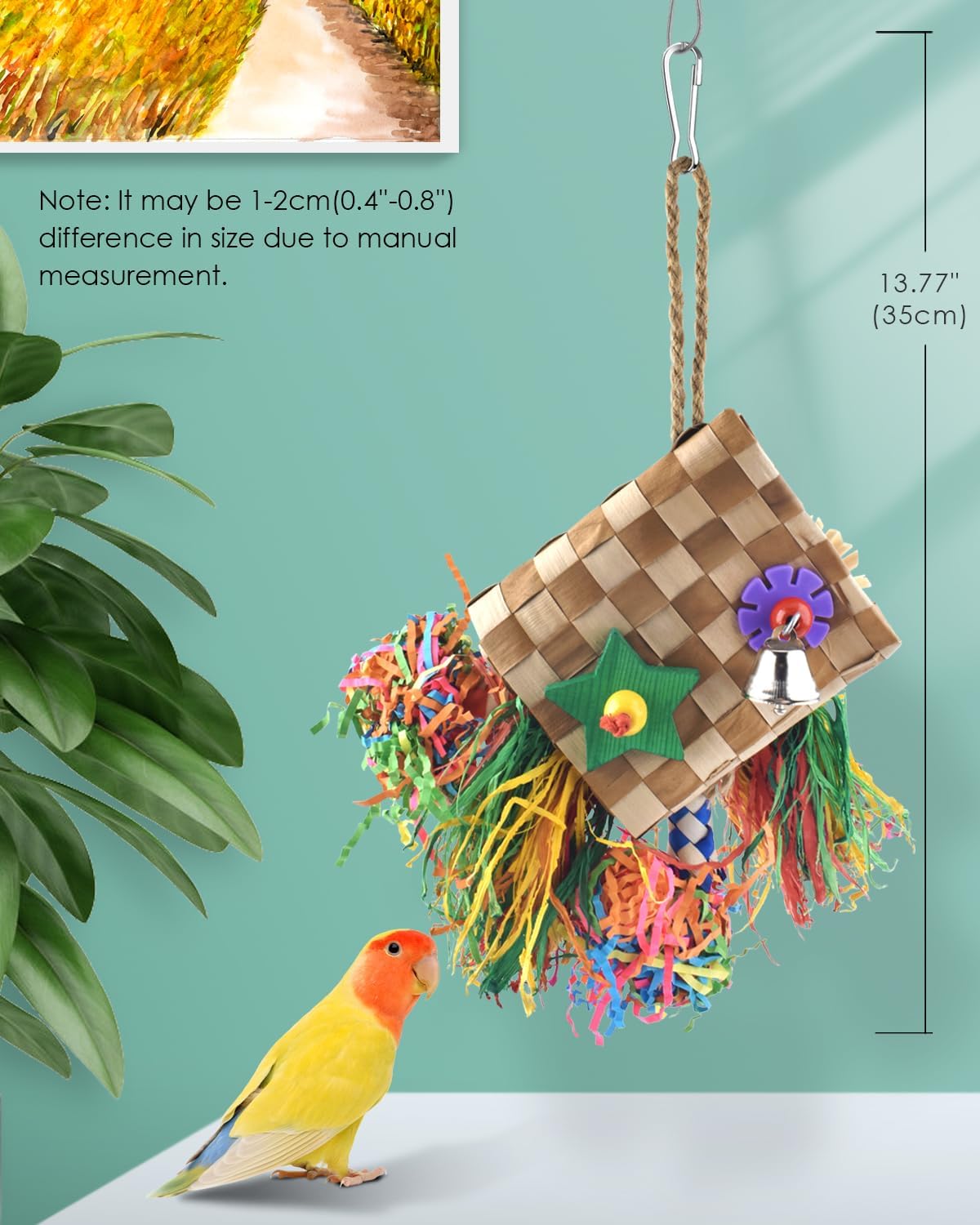 Bissap Bird Chew Toys, Parrot Foraging Shredder Natural Palm Frond Hanging Cage Toy for Conure - Flat Square - image 2