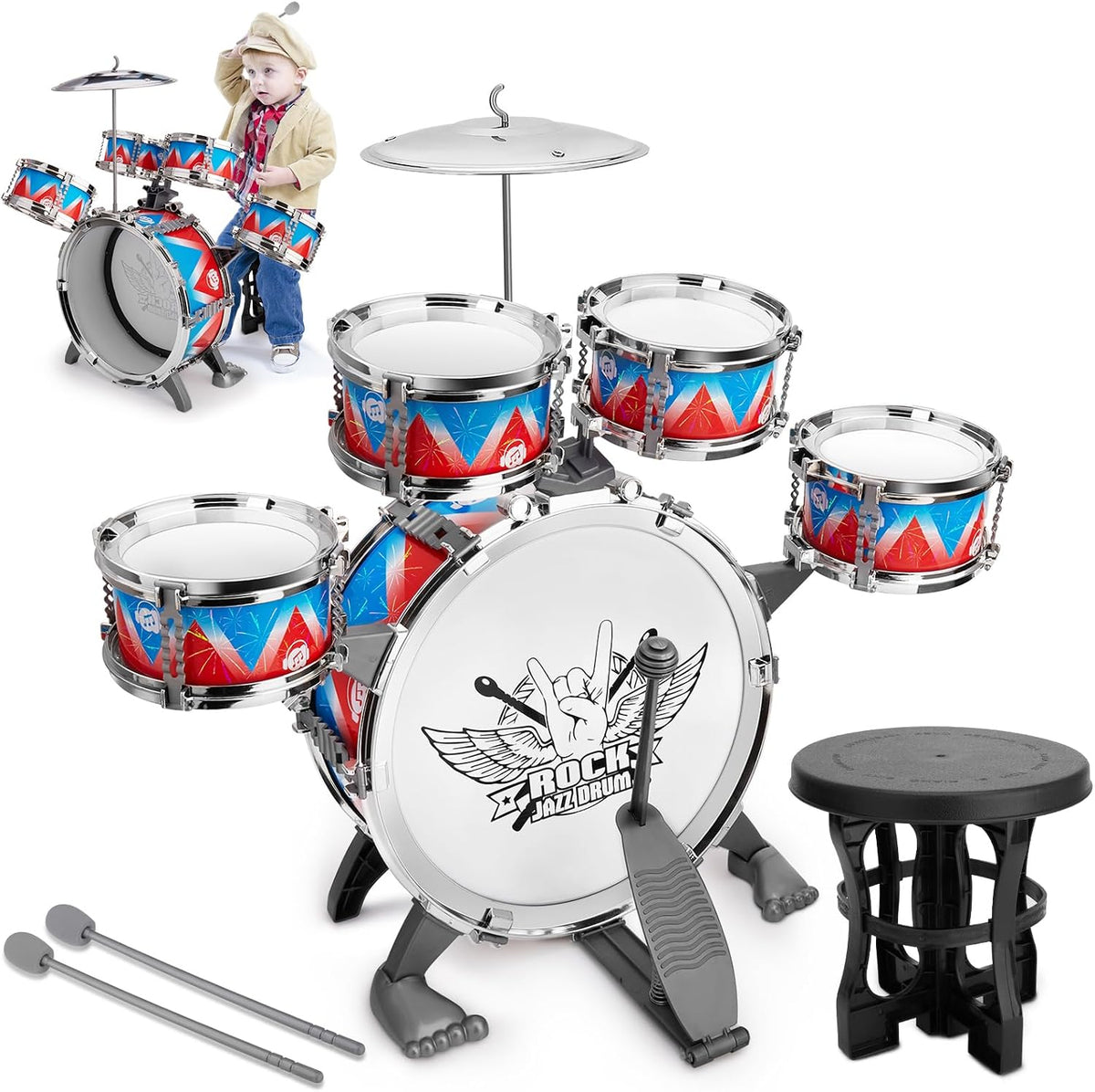 Kids Jazz Drum Set Toys for 3-7 Year Olds - Red-blue