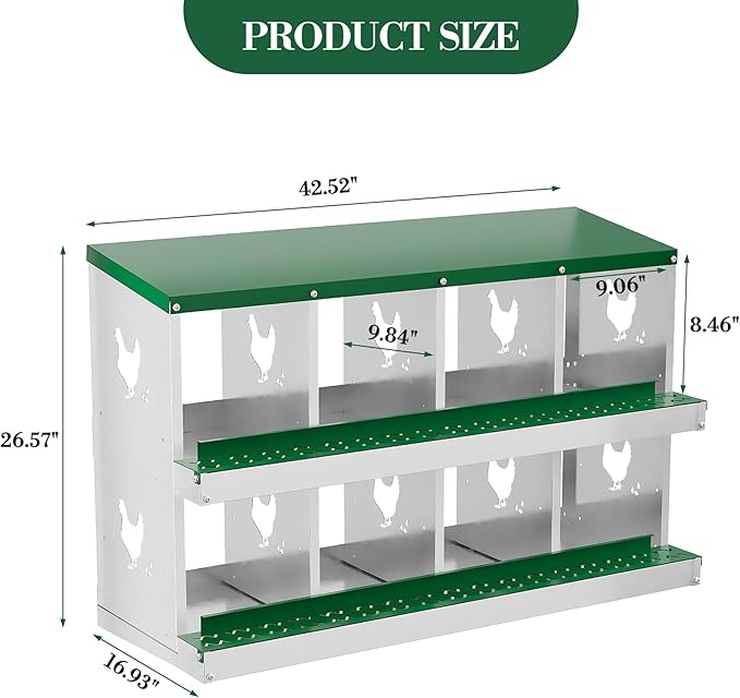 8 Hole Chicken Nesting Box with Roll Out Egg Tray, Rustproof & Ventilated Chicken Laying Boxes for Hens, Chickens, Ducks | Easy-Clean Poultry Coop Accessories