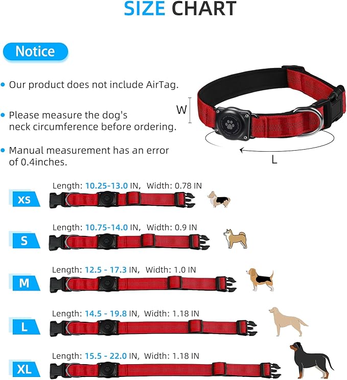 Upgraded AirTag Dog Collar, IP68 Waterproof Air Tag Dog Collar Holder, Reflective, Ultra-Durable, Comfortable Padded, Heavy Duty Dog Collars for Small Medium Large Dogs (S (10.6"-13.6"), Red)