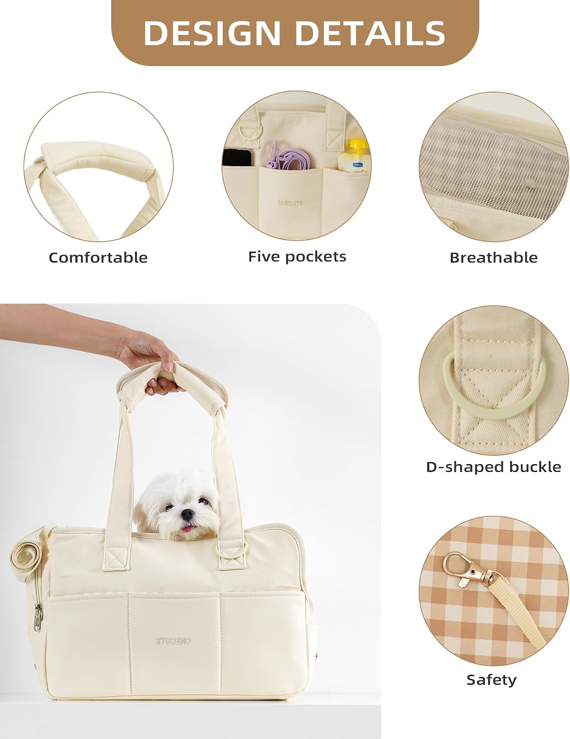 ONECUTE Dog Purse Carrier for Small Dogs Rabbit cat with Large Pockets - Beige / 17.0"L x 7.5"W x 12.0"H - image 3