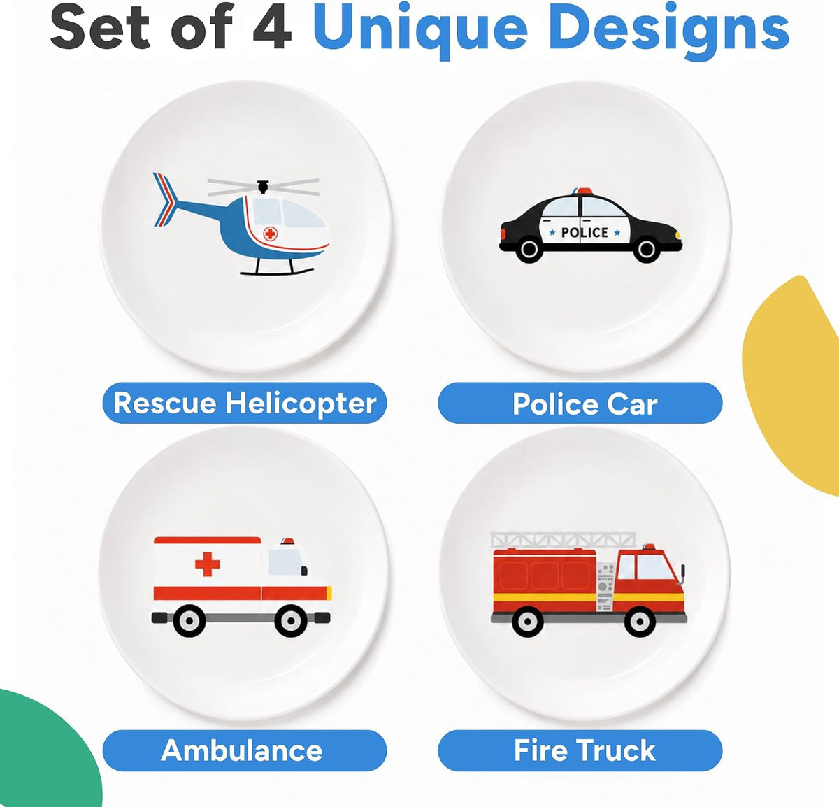 Tiny Expressions Construction Plates for Toddlers, 10" Set of 4 - Multicolor / Emergency Vehicles - image 2