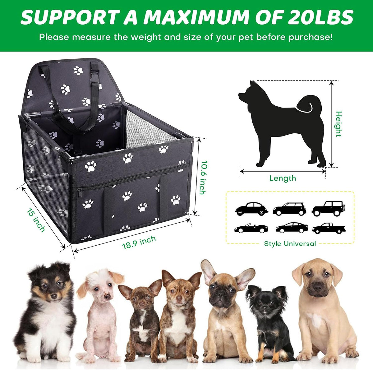 GENORTH Dog Car Seats for Small and Medium Dogs - Black Paw Print / Up to 20 lb - image 3