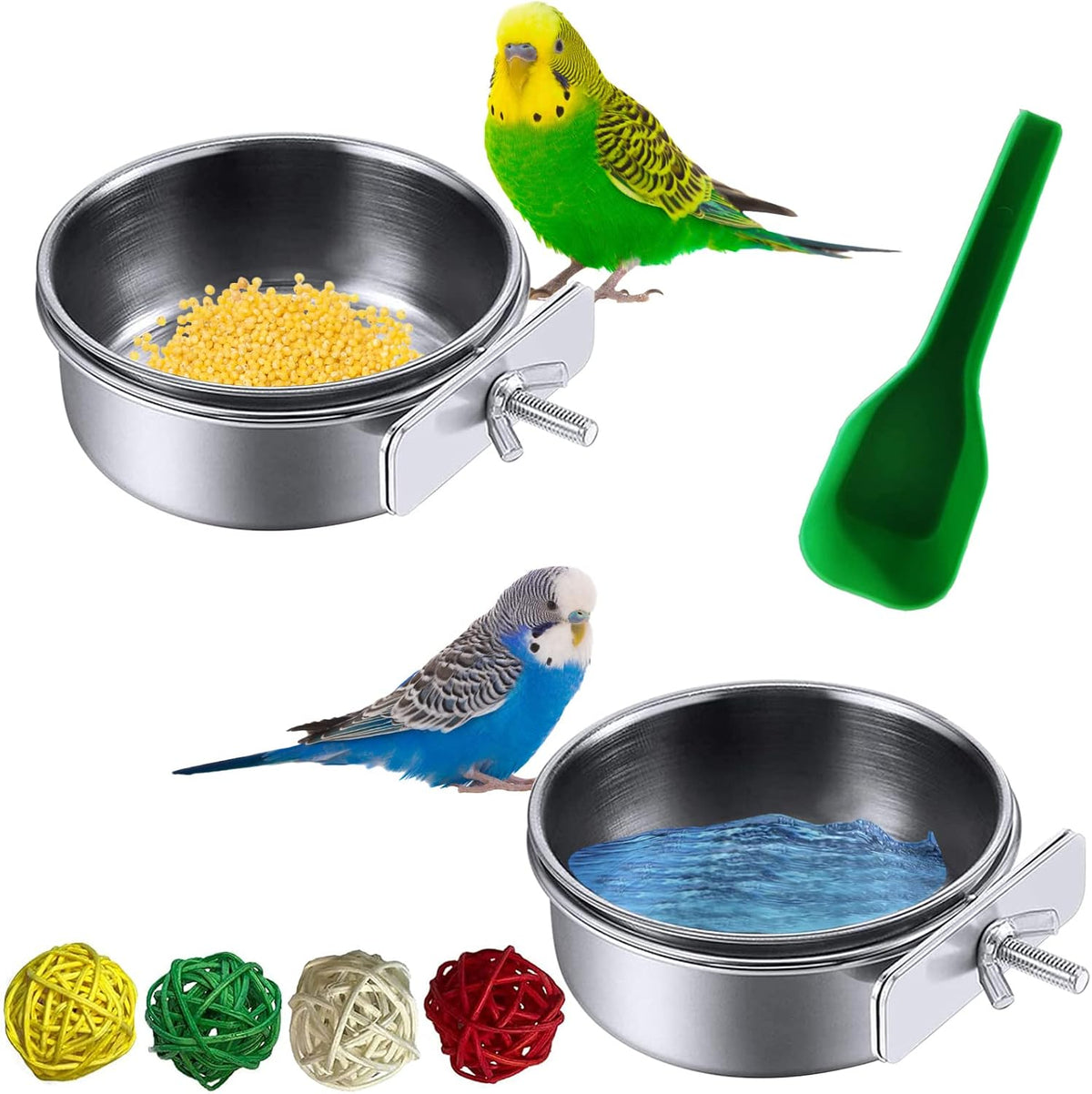 Parrot Feeding Dish Cups,Stainless Steel Bird Food Water Bowl Parakeet Feeder Birds Cage Ball Toys - 【2 PCS】 / 【S:3.9x1.6 Inches】