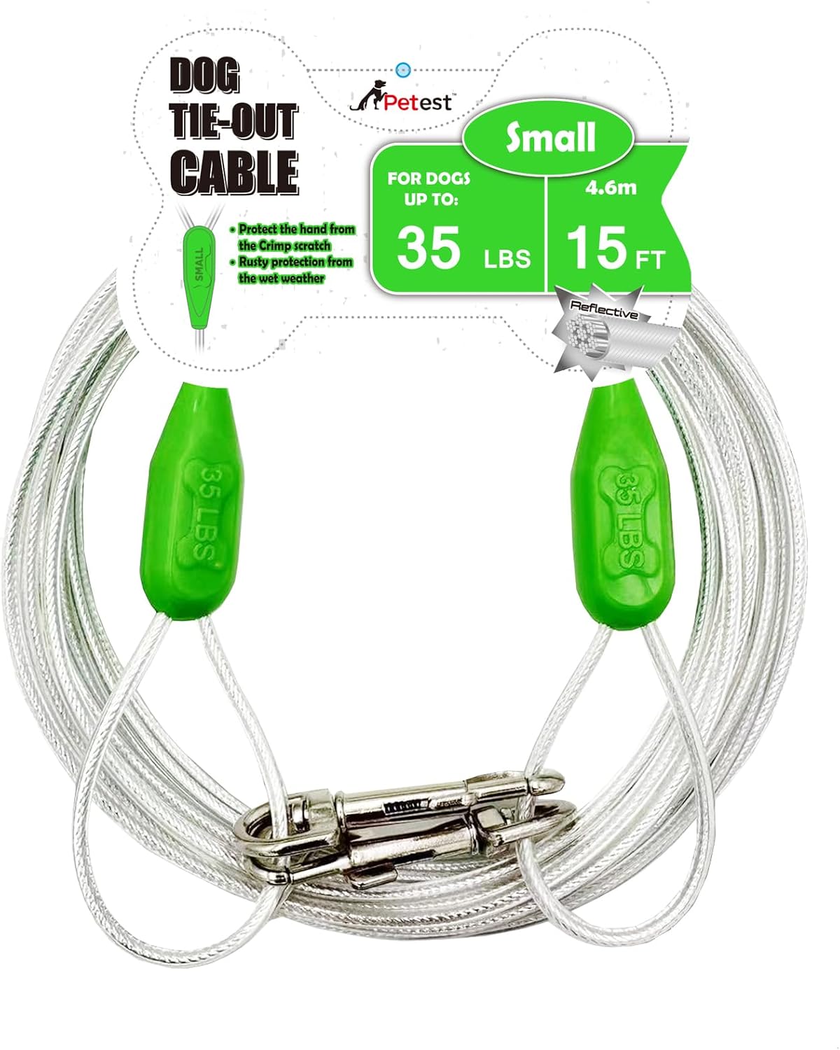 30ft Reflective Tie-Out Cable for Heavy Dogs Up to – Essentials for Dogs - 35lbs15ft / Green & Silver