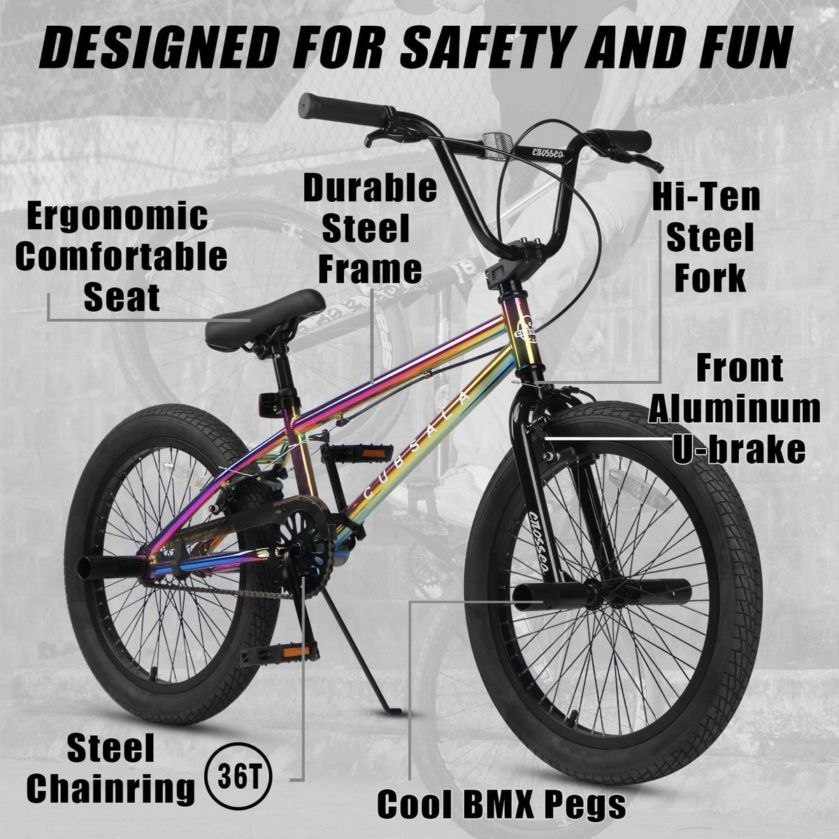 cubsala Crossea 18 20 Inch Kids Freestyle BMX Bike for 5-13 Years Old – Fun for Kids & Family - Colorful & Black / 20 Inch / With 4 Pegs - image 2