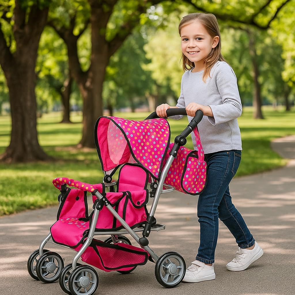 Exquisite Buggy, Twin Doll Stroller with Diaper Bag and Swivel Wheels & Adjustable Handle - Pink - Pink - image 2