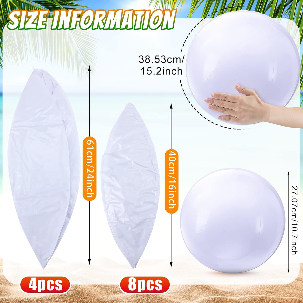 Sinmoe 12 pack white beach balls in 16 and 24 inch sizes, inflated - view 8