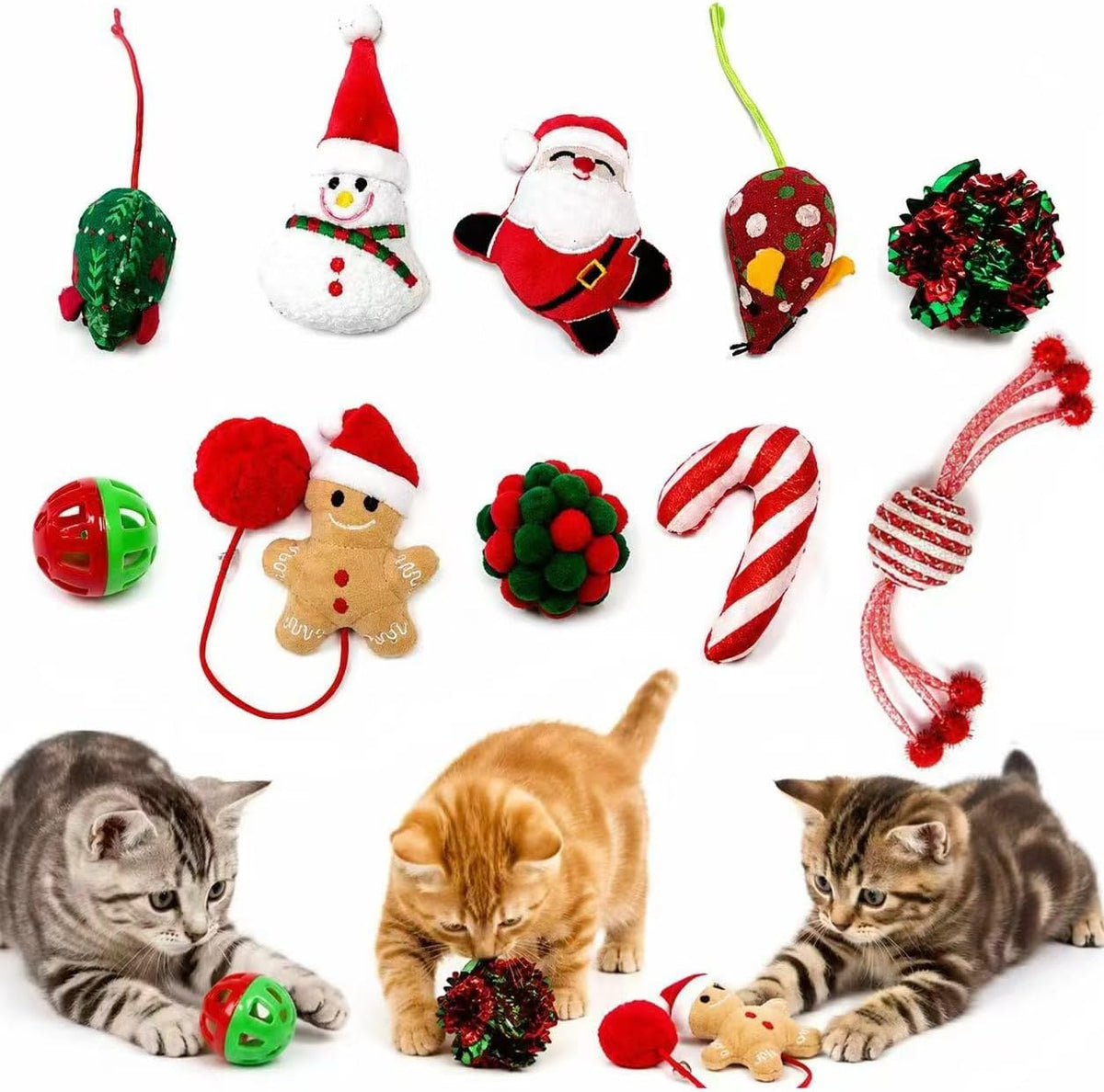 TUSATIY Cat Toy Balls with Bell 3PCS - 10PCS Christmas