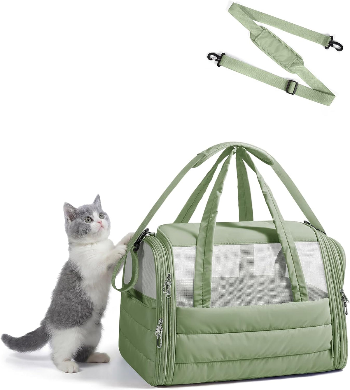 BAGSMART Cat Carrier Soft-Sided Puffy Quilted Collapsible Pet Travel - Sage Green / 18.1"L x 11.0"W x 11.0"H