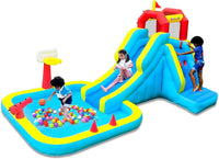 Bounwell inflatable water slide with climbing wall, basketball hoop, water cannon and splash pool