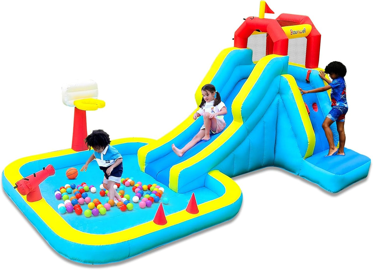 Bounwell inflatable water slide with climbing wall, basketball hoop, water cannon and splash pool