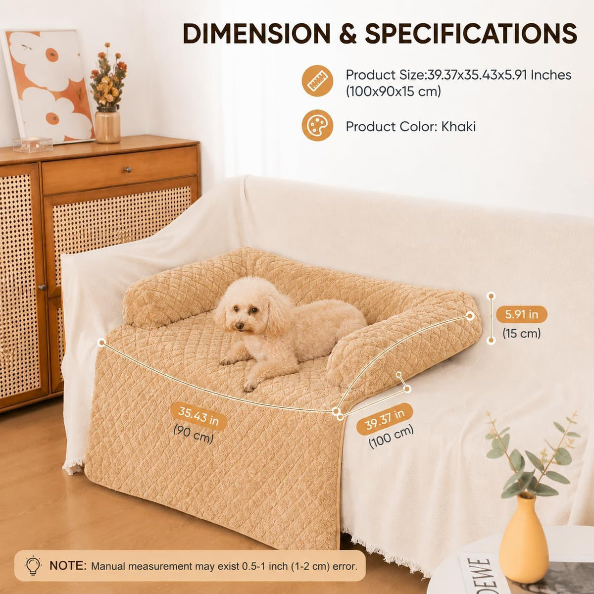 PAWBOSE Dog Couch Bed, Plush Sofa Mat, Washable Cover - khaki - image 4